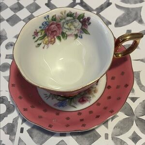 Floral Teacup and Saucer with Gold Handle
